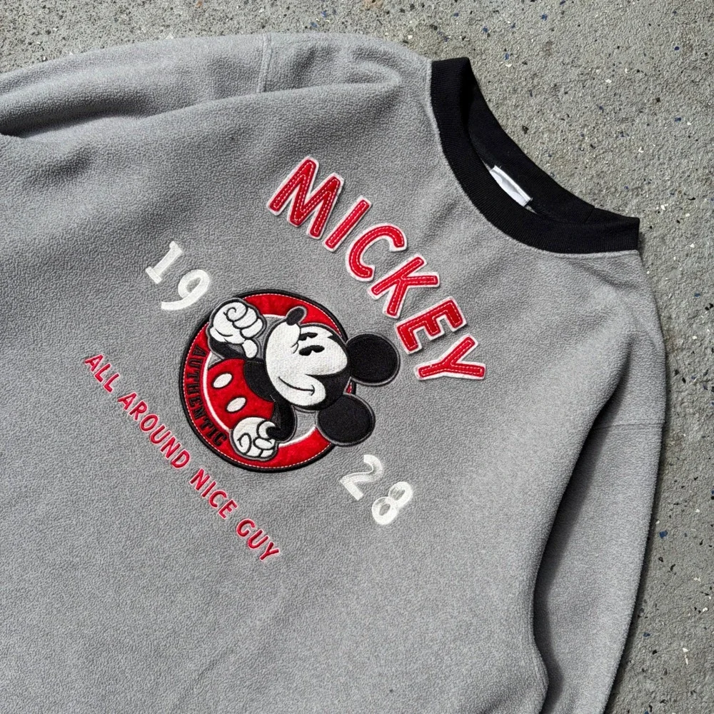 Disney Store Mickey Mouse 1928 All Around Nice Guy Grey Fleece Sweatshirt Medium